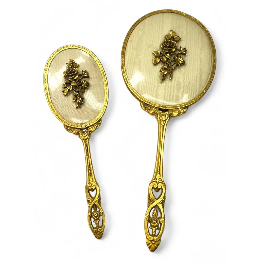 Antique Vintage Brush Mirror Set Hollywood Regency Gold Vanity Decor Dresser